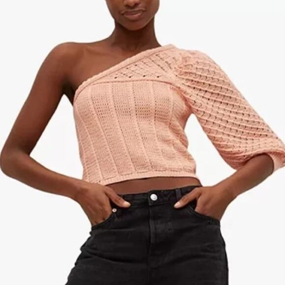 MNG Mango Peach One Shoulder Knit / Crochet Top Sweater XS - Picture 2 of 5